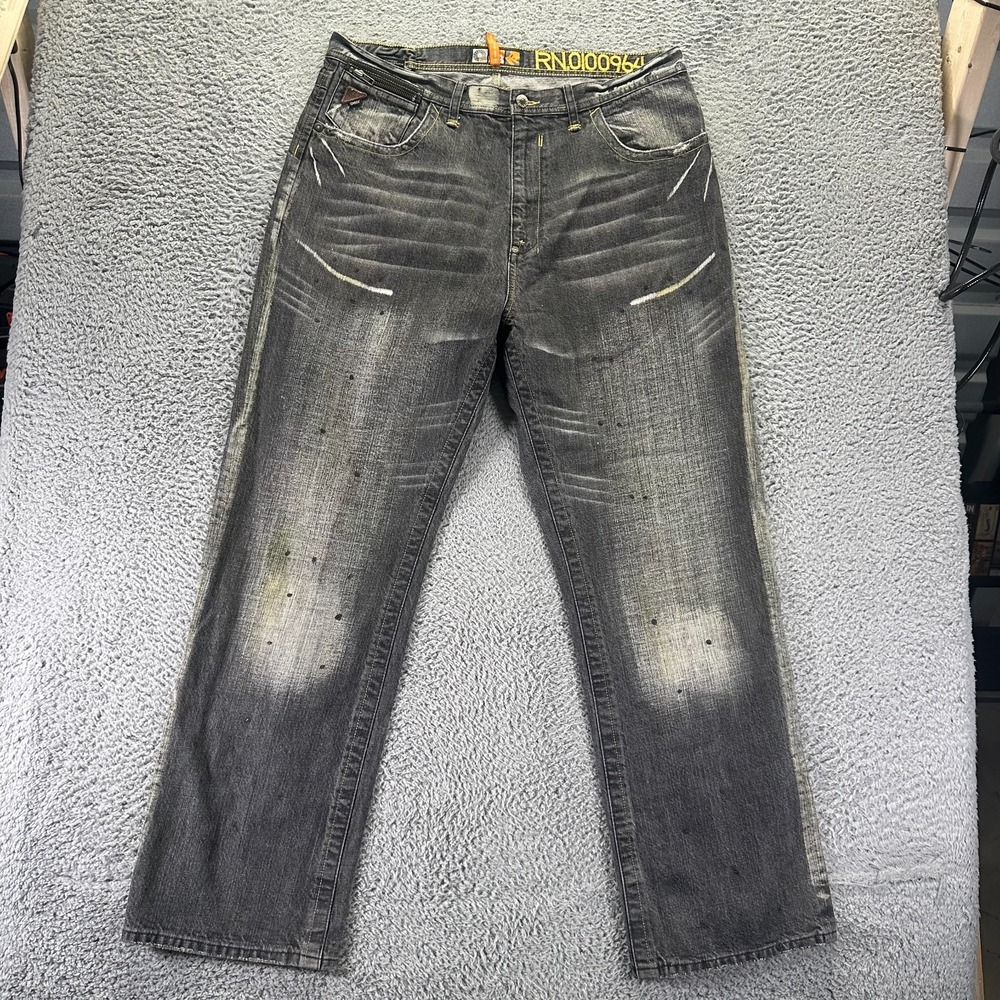 Vintage Akademiks Jeans Mens 38x34 Gray Cotton Denim Straight Baggy Whiskered